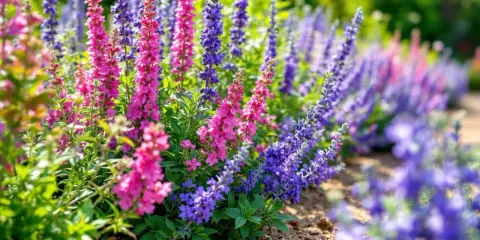 Magnifique parterre de fleurs vivaces plein soleil, avec des épis roses et violets éclatants.
