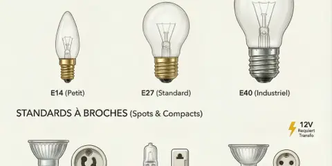 Comparaison des tailles d'ampoules : E14 (petit), E27 (standard) et E40 (industriel). Illustration des standards à vis et à broches.