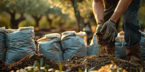 Gants de jardinage manipulant du terreau olivier, prêt à nourrir les jeunes plants. Sacs de terreau en arrière-plan, sous le soleil.