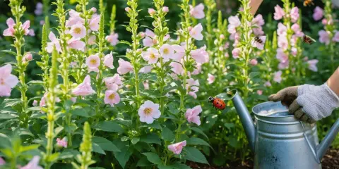 Un jardinier arrose des fleurs de hibiscus syriacus roses, tandis que des coccinelles et des abeilles butinent.