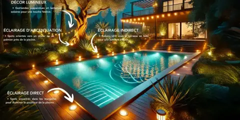 Magnifique piscine illuminée la nuit. Des guirlandes, des spots et des rubans LED créent une ambiance féerique, une belle idée éclairage autour piscine.