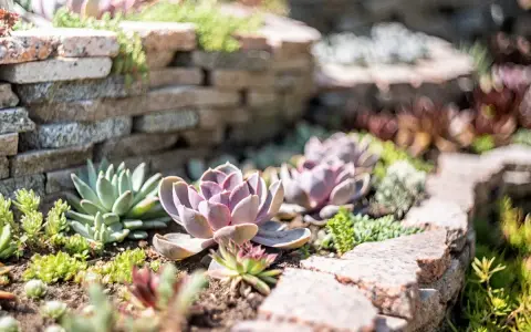 Un jardin ensoleillé avec des plantes grasses extérieur aux teintes rosées et vertes, nichées entre des murets de pierre.