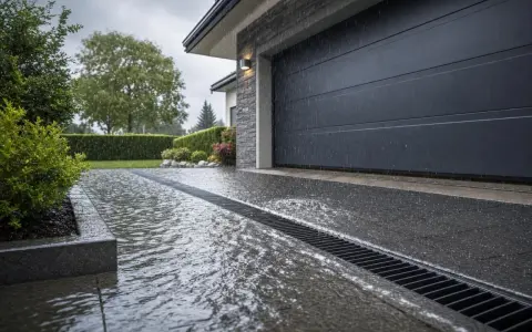 Pluie sur une allée de garage drainante, l'eau s'écoule dans la grille. La porte de garage est fermée.
