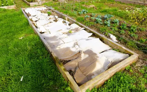 Un carré potager utilise du carton pour couvrir le sol, une astuce pour savoir que mettre au sol pour éviter les mauvaises herbes.