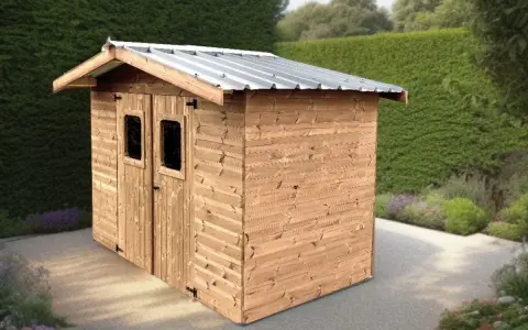 Abri de jardin en bois avec double porte et fenêtres, idéal pour ranger vos outils. Pensez à la taxe abri de jardin.