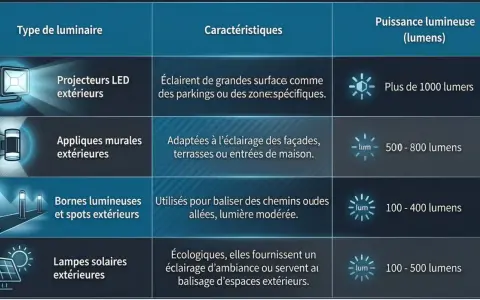 Tableau comparatif des types de luminaires LED extérieurs : projecteurs, appliques, bornes, lampes solaires.