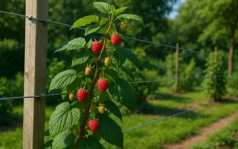 Rameau de framboisier portant des fruits rouges et jaunes, prêt pour la récolte. Un bon engrais framboisier assure une telle abondance.