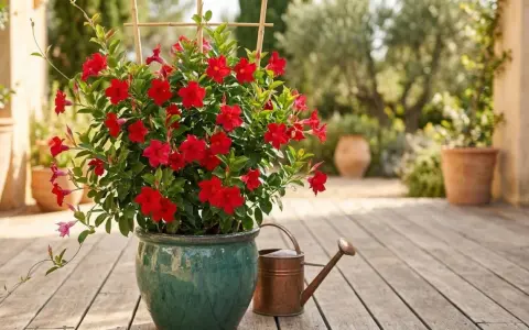 Un dipladenia éclatant de fleurs rouges, prêt pour une exposition ensoleillée. Arrosoir en cuivre à proximité.
