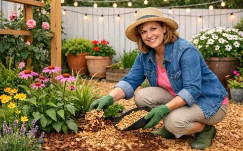 Jardinière souriante avec un chapeau de paille paillant des fleurs roses et jaunes avec des copeaux de bois.