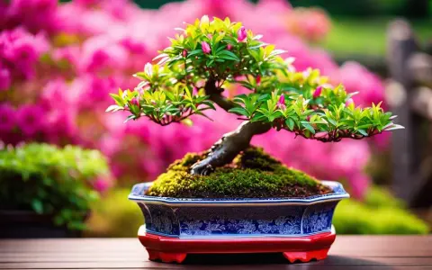 Un magnifique bonsaï azalée du Japon, orné de bourgeons roses, repose dans un pot ornemental bleu et blanc, sur fond de fleurs roses éclatantes.