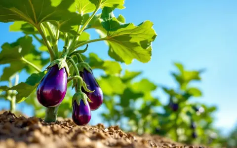 Trois aubergines violettes, de taille parfaite, pendent sous des feuilles vertes luxuriantes, prêtes à être cueillies.