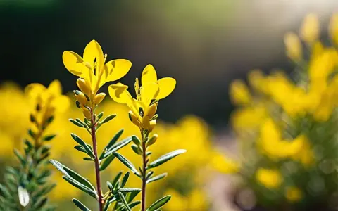 Deux fleurs jaunes de genet, aux pétales délicats, se dressent sur des tiges fines. La taille du genet est ici mise en valeur par la lumière du soleil.