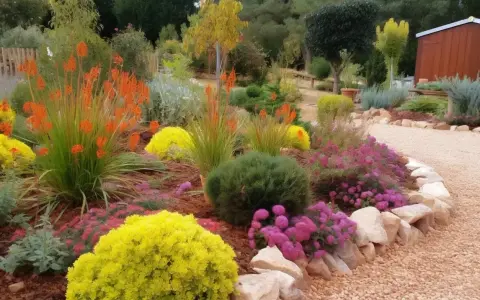 Un jardin coloré avec des fleurs orange, jaunes et roses, bordé de pierres et de paillage minéral.