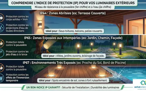 Tableau comparatif ampoules LED : IP44 (abrité), IP65 (intempéries), IP67 (très exposé). Choisir le bon indice pour l'extérieur.