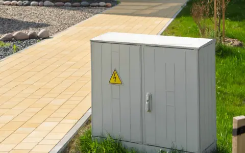 Armoire électrique grise avec symbole de danger électrique, classée IP 66, située près d'un chemin pavé jaune et d'une pelouse verte.
