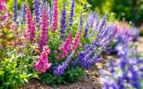 Magnifique parterre de fleurs vivaces plein soleil, avec des épis roses et violets éclatants.