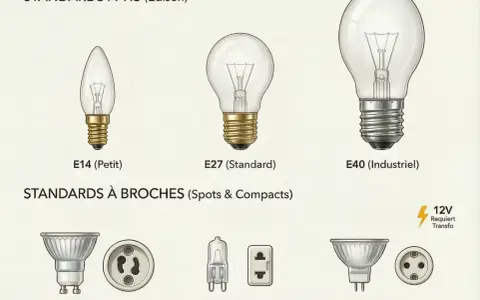 Comparaison des tailles d'ampoules : E14 (petit), E27 (standard) et E40 (industriel). Illustration des standards à vis et à broches.