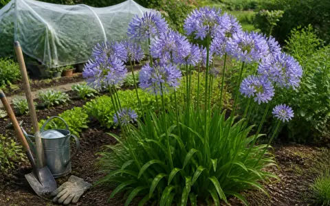 Graines agapanthe en pleine floraison dans un jardin, avec des outils de jardinage à proximité.
