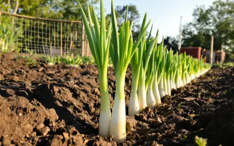 Ligne de jeunes poireaux plantés dans la terre, prêts à pousser.
