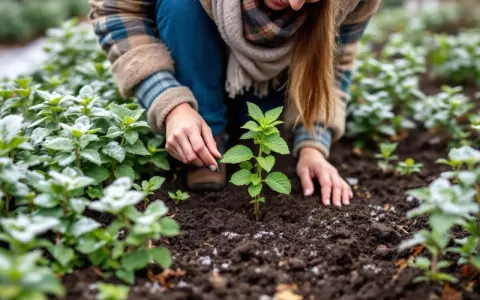 Une femme plante de la menthe dans un jardin. Les feuilles de menthe sont vertes et fraîches, certaines sont saupoudrées de givre.
