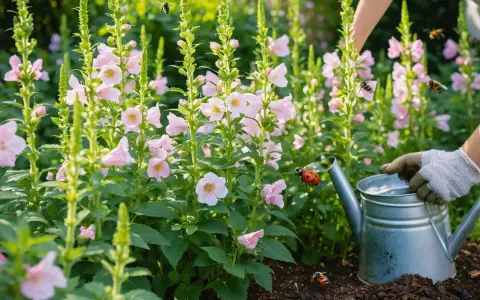Un jardinier arrose des fleurs de hibiscus syriacus roses, tandis que des coccinelles et des abeilles butinent.