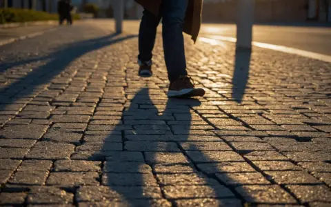 Personne marchant sur une terrasse pavée au soleil couchant.