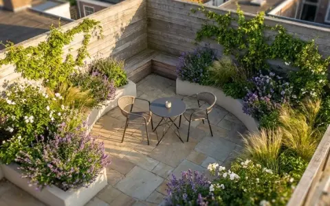 Idéal pour aménager un petit jardin de 10m2 : terrasse en pierre, banquette en bois, mobilier de jardin et massifs de lavande et graminées.