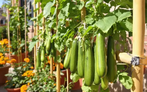 Courgettes vertes suspendues, une belle récolte de courgettes en hauteur, soutenues par des tuteurs en bambou.