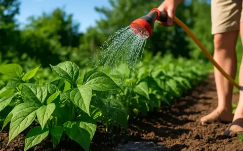 Arrosage de jeunes plants de haricots verts dans un potager ensoleillé. L'eau tombe en pluie fine sur les feuilles vertes.