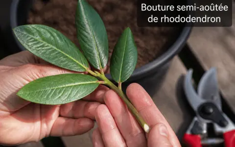 Une bouture semi-aoûtée de rhododendron est tenue dans des mains, prête à être plantée. Des sécateurs sont visibles en arrière-plan.