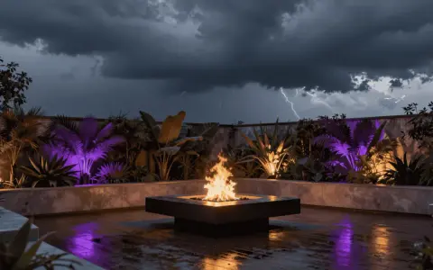 Terrasse tropicale illuminée de lumières violettes et oranges, avec un brasero crépitant sous un ciel d'orage. Le culot ampoule G4 éclaire subtilement les plantes exotiques.