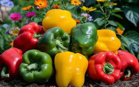 Un tas de poivrons rouges, verts et jaunes brillants, symboles de la culture poivron, posés sur la terre, avec des fleurs colorées en arrière-plan.
