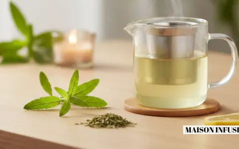Une théière en verre remplie d'une infusion dorée, avec une branche de verveine fleur et une tranche de citron. Une bougie allumée en arrière-plan.