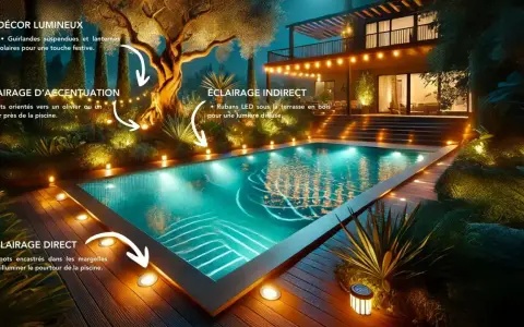 Magnifique piscine illuminée la nuit. Des guirlandes, des spots et des rubans LED créent une ambiance féerique, une belle idée éclairage autour piscine.