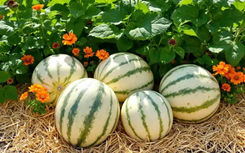 Cinq melons d'eau rayés, prêts à être récoltés, reposent sur de la paille, entourés de fleurs orange vif et de feuillage vert luxuriant. Un beau résultat de planter melon.