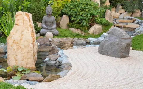 Jardin zen avec statue de Bouddha, cascade, étang et sable ratissé. Une allée de jardin facile à faire pour un coin de sérénité.