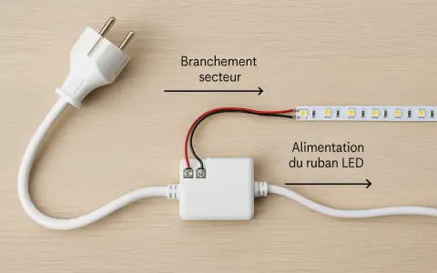 Branchement secteur vers alimentation du ruban LED. Le câble blanc se connecte à un boîtier blanc, puis à un ruban LED.