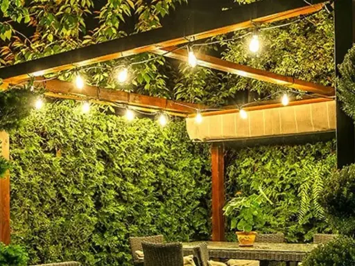 Guirlande lumineuse sous une pergola en bois, créant une ambiance chaleureuse. Le lux défini par ces ampoules éclaire un jardin luxuriant.