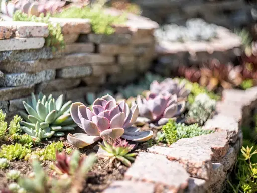 Un jardin ensoleillé avec des plantes grasses extérieur aux teintes rosées et vertes, nichées entre des murets de pierre.