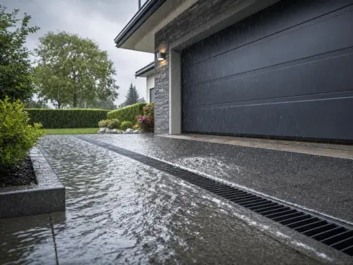 Pluie sur une allée de garage drainante, l'eau s'écoule dans la grille. La porte de garage est fermée.