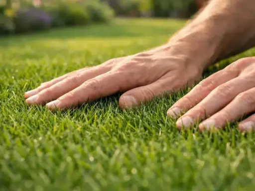 Mains caressant un gazon verdoyant, signe d'un regarnissage réussi.