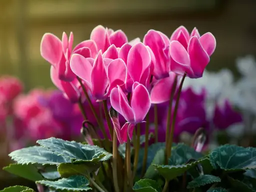 Un bouquet de cyclamen extérieur aux pétales roses vifs, illuminés par la lumière du soleil. Leurs feuilles vertes et marbrées complètent ce tableau printanier.