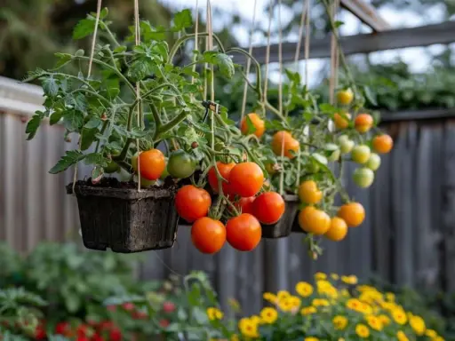 Tomates suspendues mûrissant, une méthode astucieuse pour savoir comment tuteurer les tomates et optimiser l'espace.