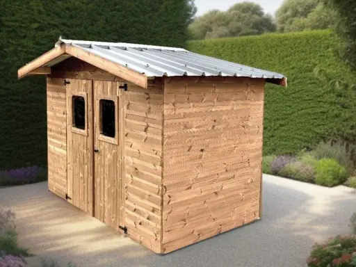 Abri de jardin en bois avec double porte et fenêtres, idéal pour ranger vos outils. Pensez à la taxe abri de jardin.