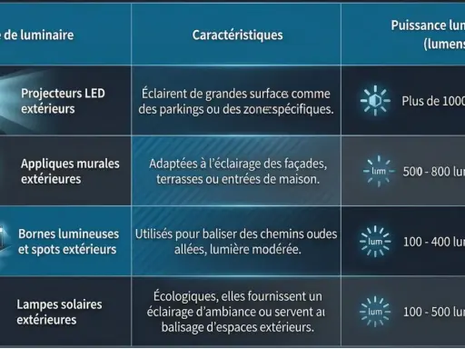 Tableau comparatif des types de luminaires LED extérieurs : projecteurs, appliques, bornes, lampes solaires.