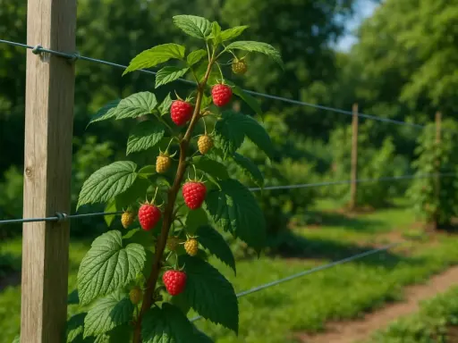 Rameau de framboisier portant des fruits rouges et jaunes, prêt pour la récolte. Un bon engrais framboisier assure une telle abondance.