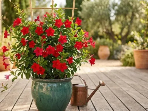 Un dipladenia éclatant de fleurs rouges, prêt pour une exposition ensoleillée. Arrosoir en cuivre à proximité.