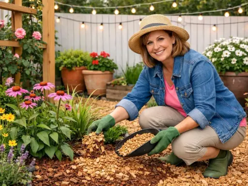 Jardinière souriante avec un chapeau de paille paillant des fleurs roses et jaunes avec des copeaux de bois.
