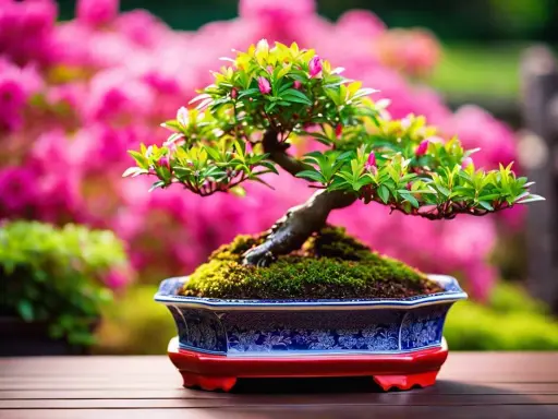 Un magnifique bonsaï azalée du Japon, orné de bourgeons roses, repose dans un pot ornemental bleu et blanc, sur fond de fleurs roses éclatantes.