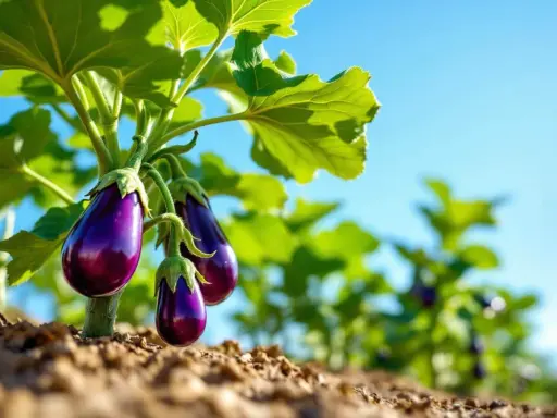 Trois aubergines violettes, de taille parfaite, pendent sous des feuilles vertes luxuriantes, prêtes à être cueillies.